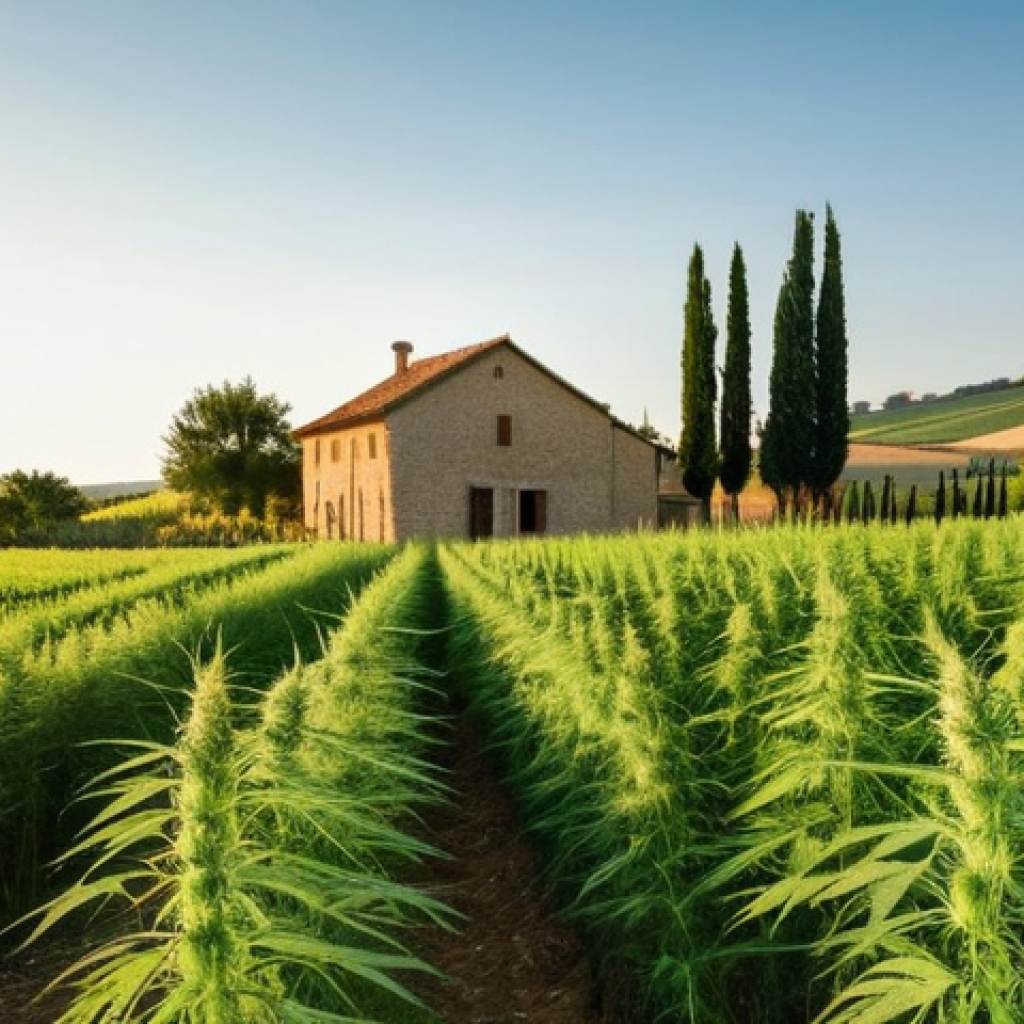 탄소배출 감소 소재 - **
"A sun-drenched Umbrian hemp field at golden hour, showing the tall hemp plants swaying gently. ...