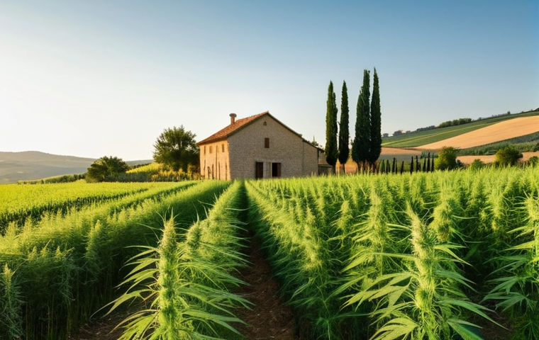 탄소배출 감소 소재 - **

"A sun-drenched Umbrian hemp field at golden hour, showing the tall hemp plants swaying gently. ...