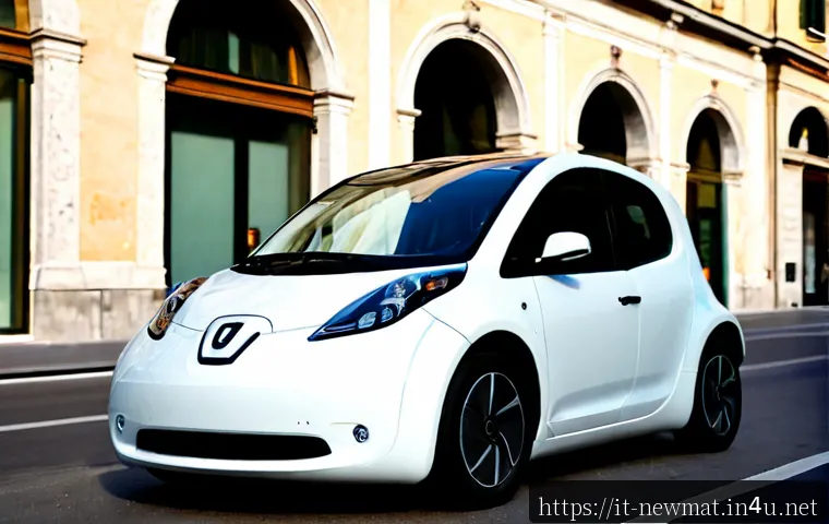 자율주행차 신소재 - Photorealistic autonomous electric car in a contemporary Milan streetscape, close three-quarter view...