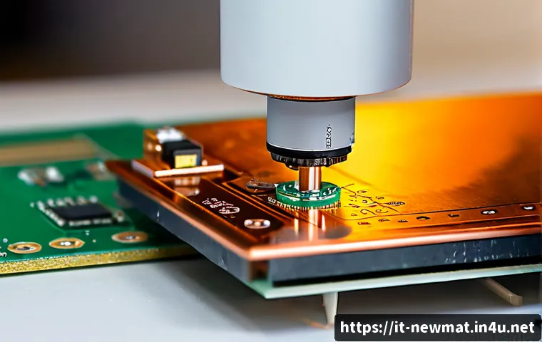 열전달 소재 - Photorealistic close-up of a thermal interface material sheet being carefully placed between a coppe...