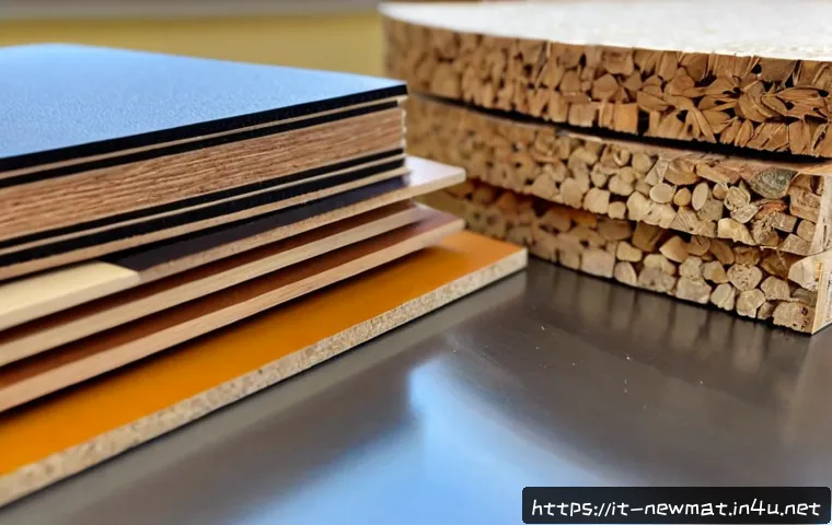 Home 17 적층형 소재 - Photorealistic macro view of layered composite material samples, neatly stacked cross-sections of wo...